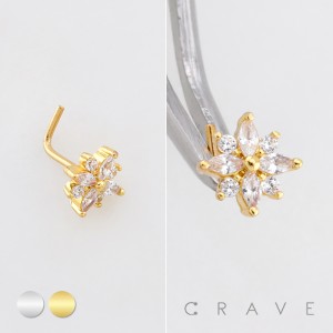 DIMENSIONAL FLORAL MULTI CZ CLUSTER POLISH 316L SURGICAL STEEL L-SHAPE NOSE RING
